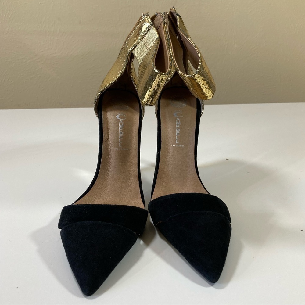 JEFFREY CAMPBELL black & gold ankle wrap pumps 7